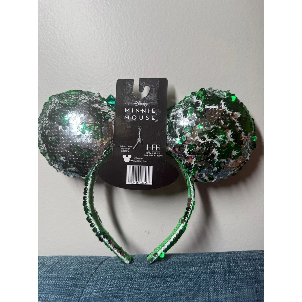 Disney Minnie Mouse Green Silver Sequin Headband Metallic Bow Kids MM2254 NWT